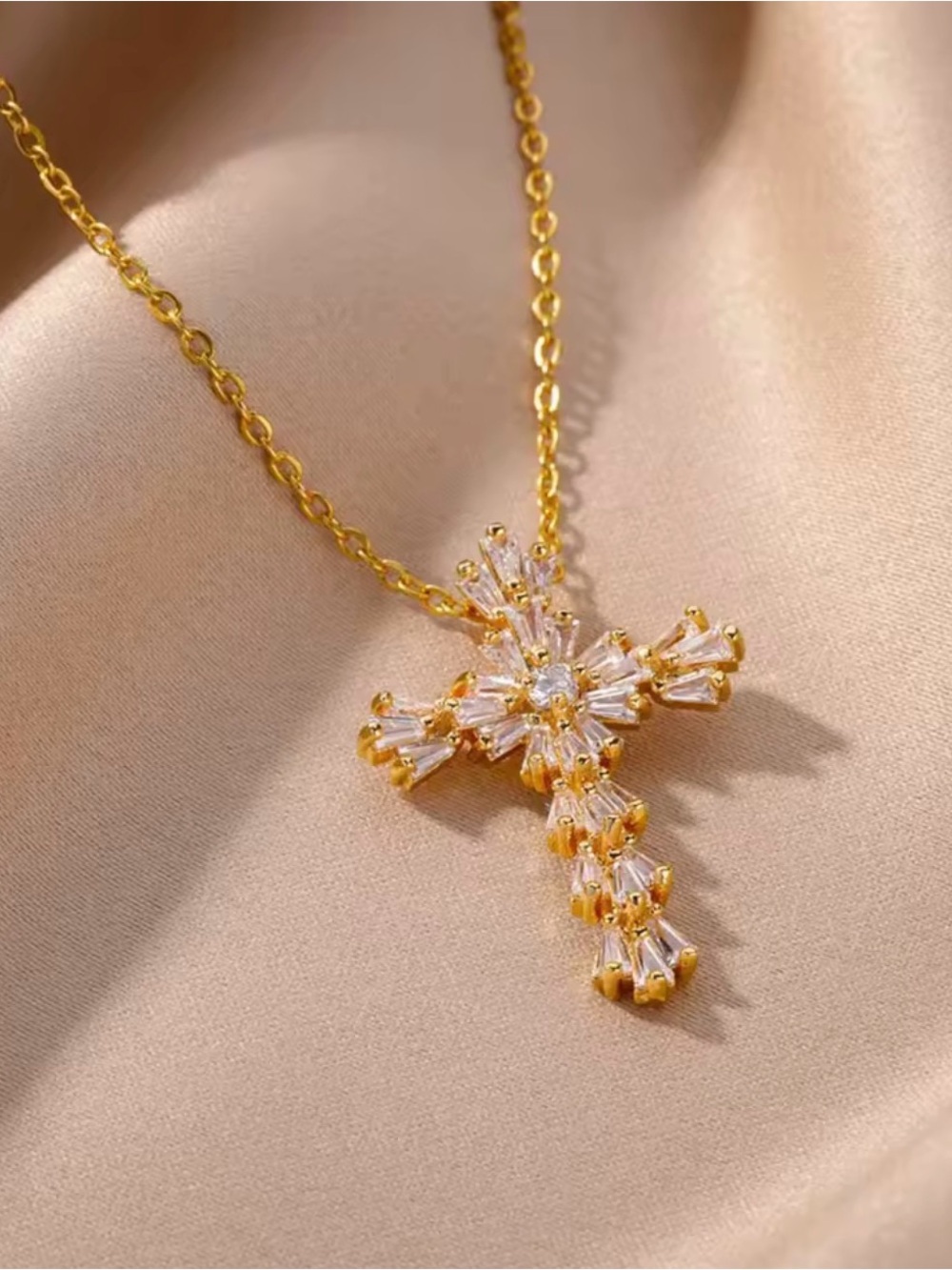 Gold Cross Pendant Necklace with Clear Crystal Accents - Picture 2 of 5